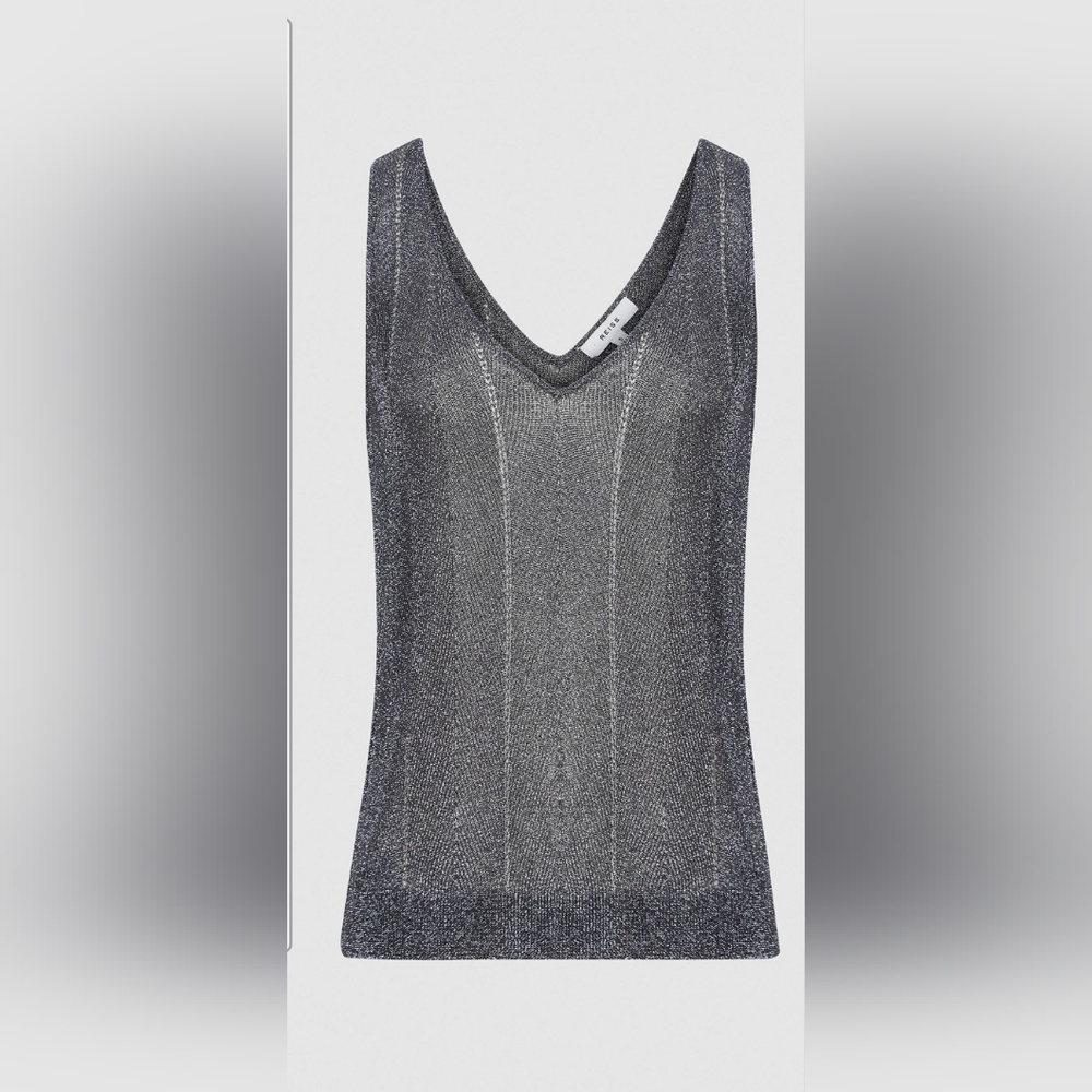Reiss Alice metallic silver knitted top M
